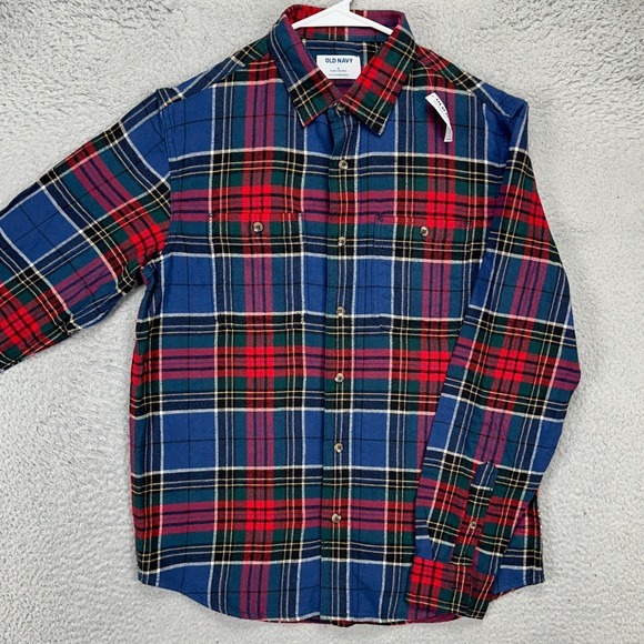 Old Navy Men Flannel Shirt Medium Blue Red Plaid 2 Pocket Casual Button Up‎ NEW - Picture 1 of 9